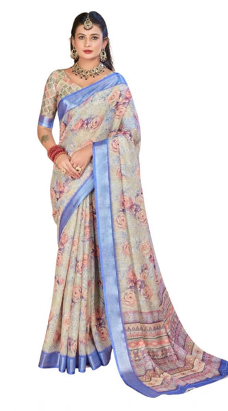 Mayawye Women's Printed Cotton Linen Saree withPrinted  Saree With Unstitched Blouse (Beige, 5-6Mtrs)