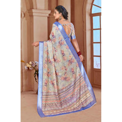 Mayawye Women's Printed Cotton Linen Saree withPrinted  Saree With Unstitched Blouse (Beige, 5-6Mtrs)