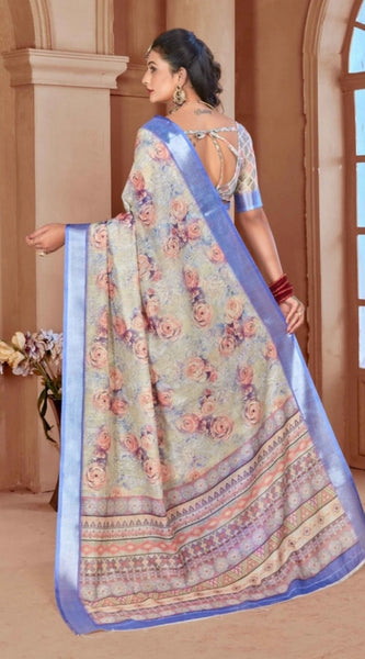 Mayawye Women's Printed Cotton Linen Saree withPrinted  Saree With Unstitched Blouse (Beige, 5-6Mtrs)