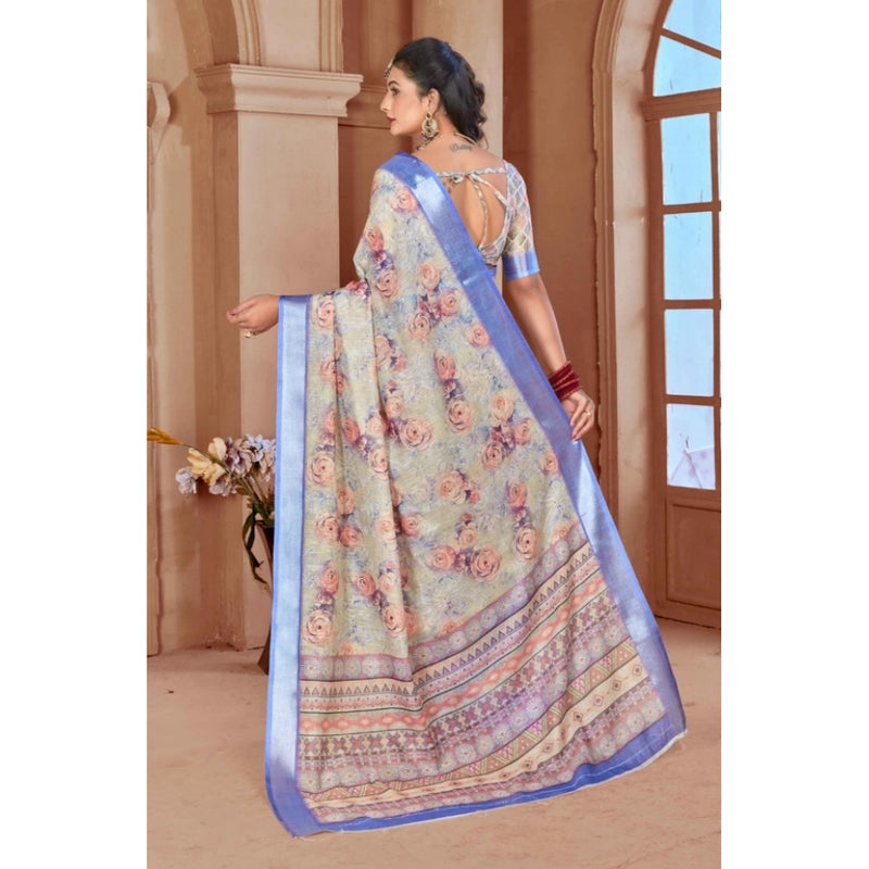 Mayawye Women's Printed Cotton Linen Saree withPrinted  Saree With Unstitched Blouse (Beige, 5-6Mtrs)