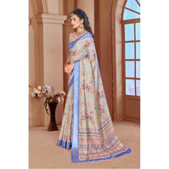 Mayawye Women's Printed Cotton Linen Saree withPrinted  Saree With Unstitched Blouse (Beige, 5-6Mtrs)
