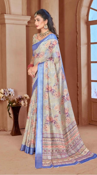 Mayawye Women's Printed Cotton Linen Saree withPrinted  Saree With Unstitched Blouse (Beige, 5-6Mtrs)