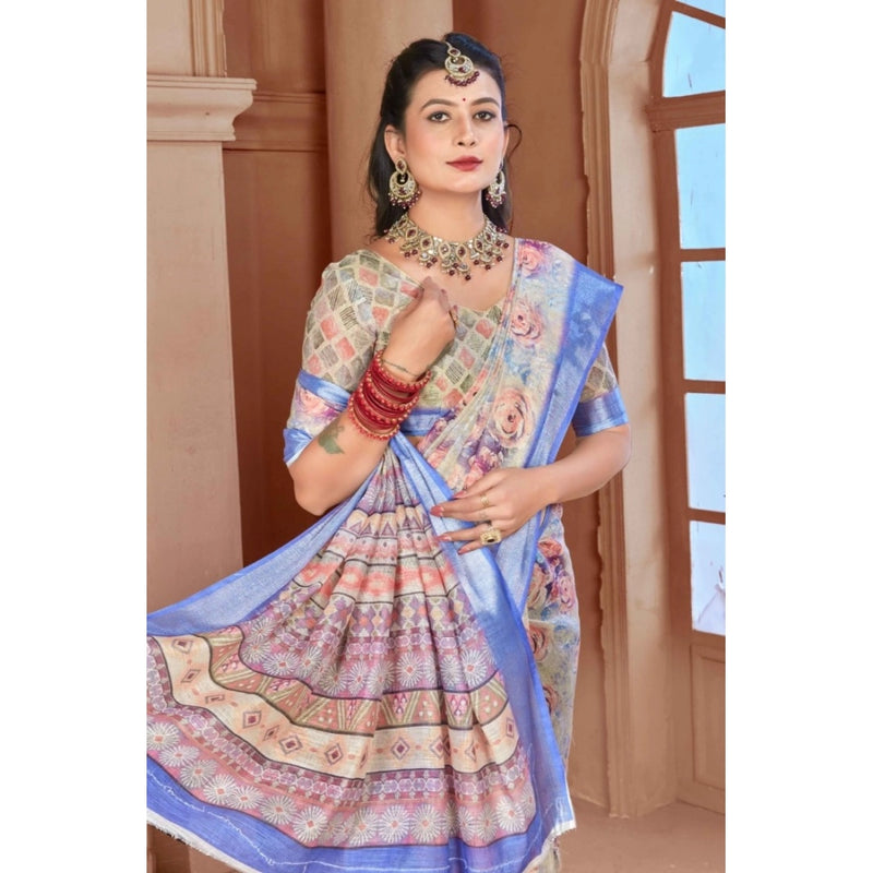 Mayawye Women's Printed Cotton Linen Saree withPrinted  Saree With Unstitched Blouse (Beige, 5-6Mtrs)