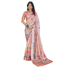 Mayawye Women's Printed Cotton Linen Saree withPrinted  Saree With Unstitched Blouse (Pink , 5-6Mtrs)