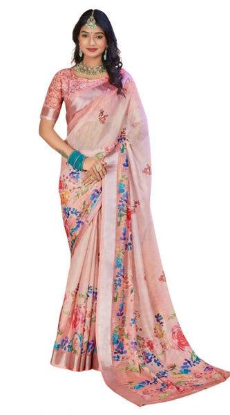 Mayawye Women's Printed Cotton Linen Saree withPrinted  Saree With Unstitched Blouse (Pink , 5-6Mtrs)