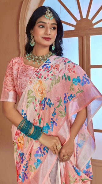 Mayawye Women's Printed Cotton Linen Saree withPrinted  Saree With Unstitched Blouse (Pink , 5-6Mtrs)