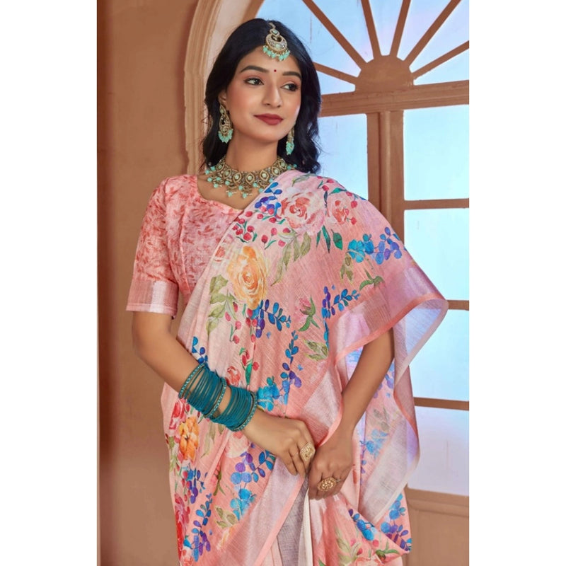 Mayawye Women's Printed Cotton Linen Saree withPrinted  Saree With Unstitched Blouse (Pink , 5-6Mtrs)