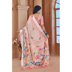 Mayawye Women's Printed Cotton Linen Saree withPrinted  Saree With Unstitched Blouse (Pink , 5-6Mtrs)