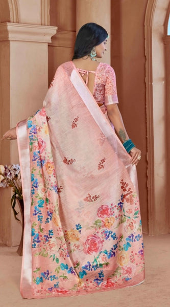 Mayawye Women's Printed Cotton Linen Saree withPrinted  Saree With Unstitched Blouse (Pink , 5-6Mtrs)
