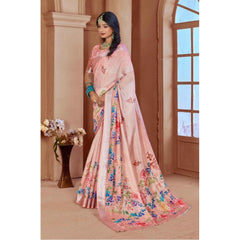 Mayawye Women's Printed Cotton Linen Saree withPrinted  Saree With Unstitched Blouse (Pink , 5-6Mtrs)