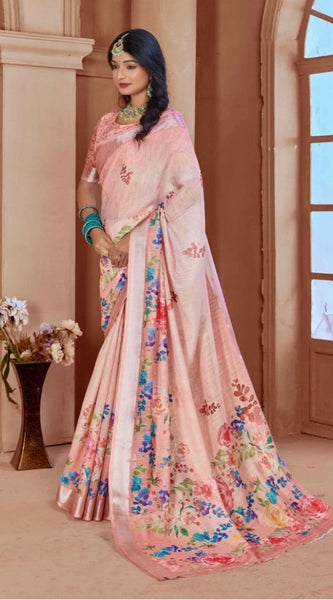 Mayawye Women's Printed Cotton Linen Saree withPrinted  Saree With Unstitched Blouse (Pink , 5-6Mtrs)