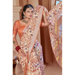 Mayawye Women's Printed Cotton Linen Saree withPrinted  Saree With Unstitched Blouse (Orange , 5-6Mtrs)