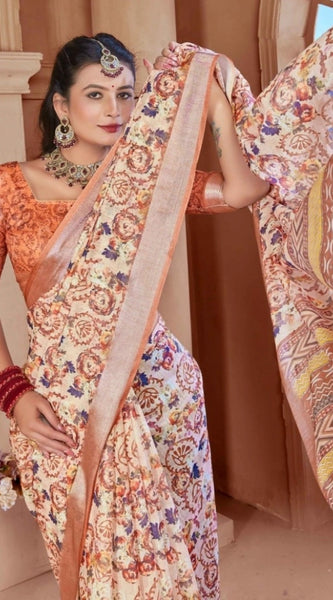 Mayawye Women's Printed Cotton Linen Saree withPrinted  Saree With Unstitched Blouse (Orange , 5-6Mtrs)