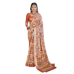 Mayawye Women's Printed Cotton Linen Saree withPrinted  Saree With Unstitched Blouse (Orange , 5-6Mtrs)
