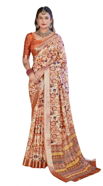 Mayawye Women's Printed Cotton Linen Saree withPrinted  Saree With Unstitched Blouse (Orange , 5-6Mtrs)