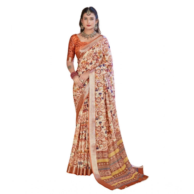 Mayawye Women's Printed Cotton Linen Saree withPrinted  Saree With Unstitched Blouse (Orange , 5-6Mtrs)