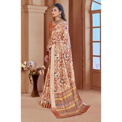 Mayawye Women's Printed Cotton Linen Saree withPrinted  Saree With Unstitched Blouse (Orange , 5-6Mtrs)