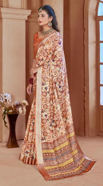 Mayawye Women's Printed Cotton Linen Saree withPrinted  Saree With Unstitched Blouse (Orange , 5-6Mtrs)