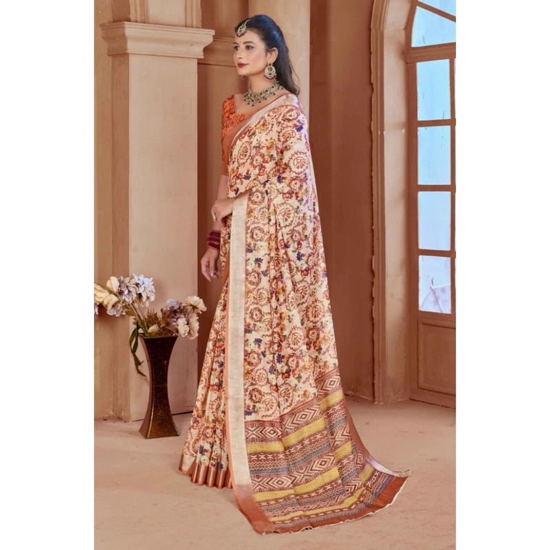 Mayawye Women's Printed Cotton Linen Saree withPrinted  Saree With Unstitched Blouse (Orange , 5-6Mtrs)