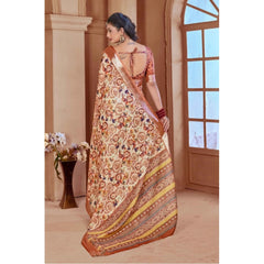 Mayawye Women's Printed Cotton Linen Saree withPrinted  Saree With Unstitched Blouse (Orange , 5-6Mtrs)