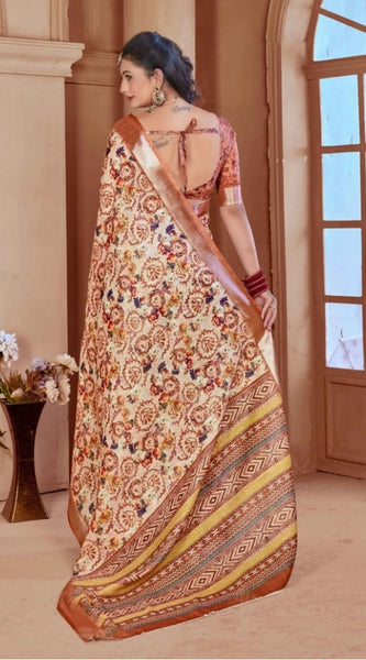 Mayawye Women's Printed Cotton Linen Saree withPrinted  Saree With Unstitched Blouse (Orange , 5-6Mtrs)