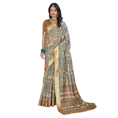 Mayawye Women's Printed Cotton Linen Saree withPrinted  Saree With Unstitched Blouse (Green, 5-6Mtrs)