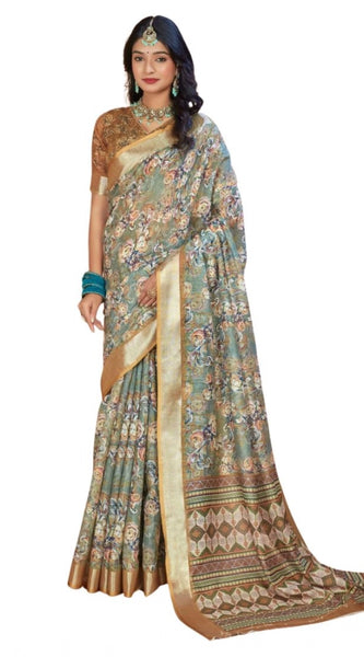 Mayawye Women's Printed Cotton Linen Saree withPrinted  Saree With Unstitched Blouse (Green, 5-6Mtrs)