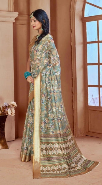 Mayawye Women's Printed Cotton Linen Saree withPrinted  Saree With Unstitched Blouse (Green, 5-6Mtrs)