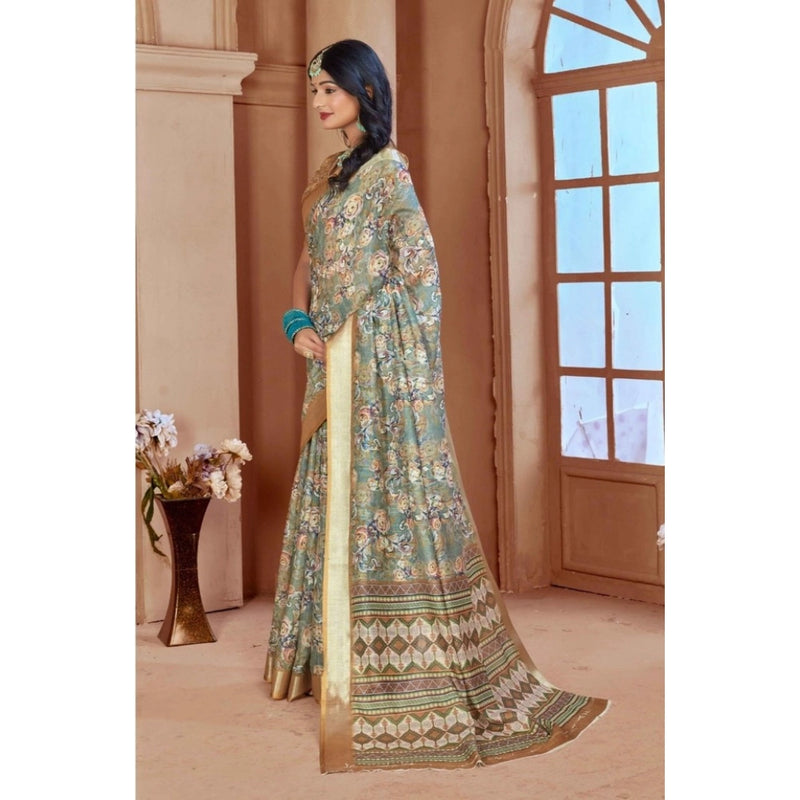 Mayawye Women's Printed Cotton Linen Saree withPrinted  Saree With Unstitched Blouse (Green, 5-6Mtrs)