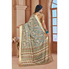 Mayawye Women's Printed Cotton Linen Saree withPrinted  Saree With Unstitched Blouse (Green, 5-6Mtrs)
