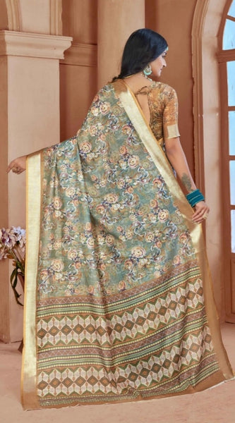 Mayawye Women's Printed Cotton Linen Saree withPrinted  Saree With Unstitched Blouse (Green, 5-6Mtrs)