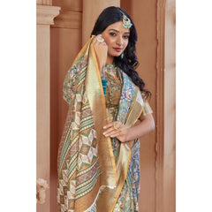 Mayawye Women's Printed Cotton Linen Saree withPrinted  Saree With Unstitched Blouse (Green, 5-6Mtrs)