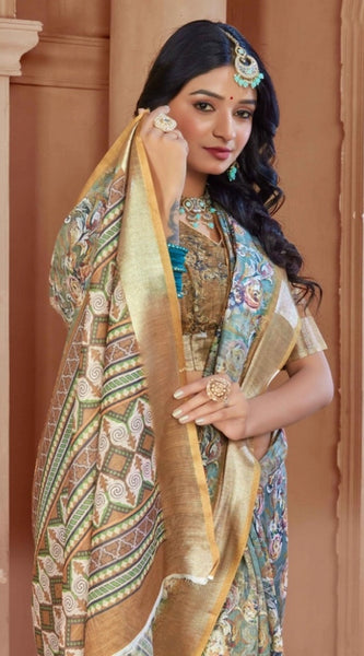 Mayawye Women's Printed Cotton Linen Saree withPrinted  Saree With Unstitched Blouse (Green, 5-6Mtrs)