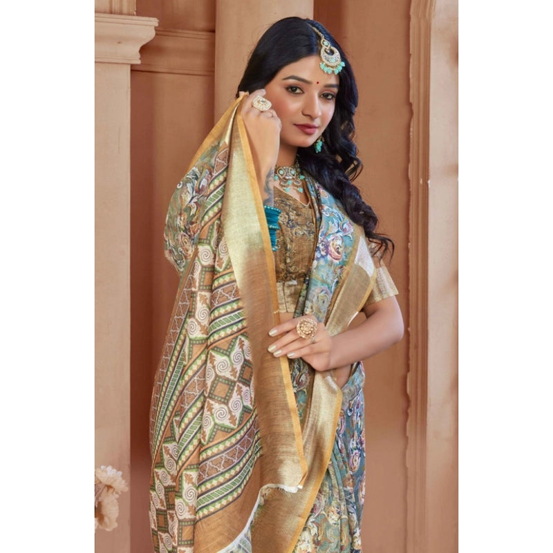 Mayawye Women's Printed Cotton Linen Saree withPrinted  Saree With Unstitched Blouse (Green, 5-6Mtrs)