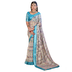 Mayawye Women's Printed Cotton Linen Saree withPrinted  Saree With Unstitched Blouse (Rust  , 5-6Mtrs)