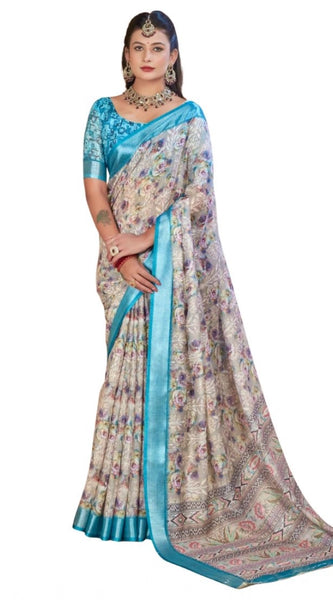 Mayawye Women's Printed Cotton Linen Saree withPrinted  Saree With Unstitched Blouse (Rust  , 5-6Mtrs)