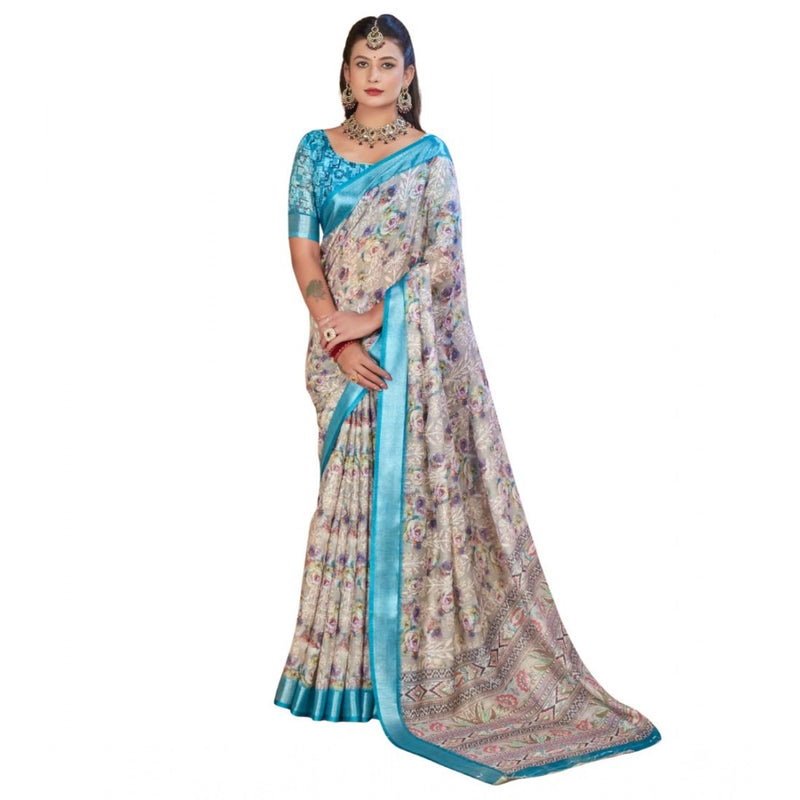 Mayawye Women's Printed Cotton Linen Saree withPrinted  Saree With Unstitched Blouse (Rust  , 5-6Mtrs)
