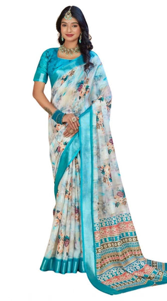 Mayawye Women's Printed Cotton Linen Saree withPrinted  Saree With Unstitched Blouse (Blue, 5-6Mtrs)