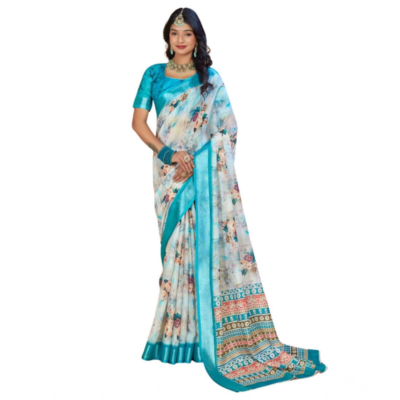 Mayawye Women's Printed Cotton Linen Saree withPrinted  Saree With Unstitched Blouse (Blue, 5-6Mtrs)