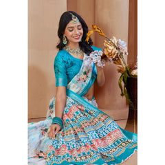 Mayawye Women's Printed Cotton Linen Saree withPrinted  Saree With Unstitched Blouse (Blue, 5-6Mtrs)