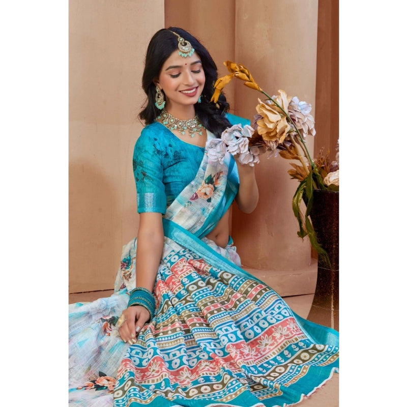 Mayawye Women's Printed Cotton Linen Saree withPrinted  Saree With Unstitched Blouse (Blue, 5-6Mtrs)