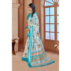 Mayawye Women's Printed Cotton Linen Saree withPrinted  Saree With Unstitched Blouse (Blue, 5-6Mtrs)
