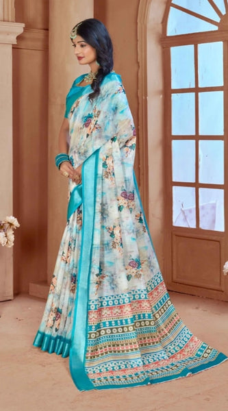 Mayawye Women's Printed Cotton Linen Saree withPrinted  Saree With Unstitched Blouse (Blue, 5-6Mtrs)