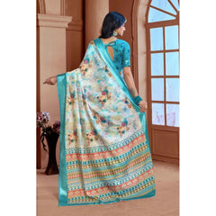 Mayawye Women's Printed Cotton Linen Saree withPrinted  Saree With Unstitched Blouse (Blue, 5-6Mtrs)