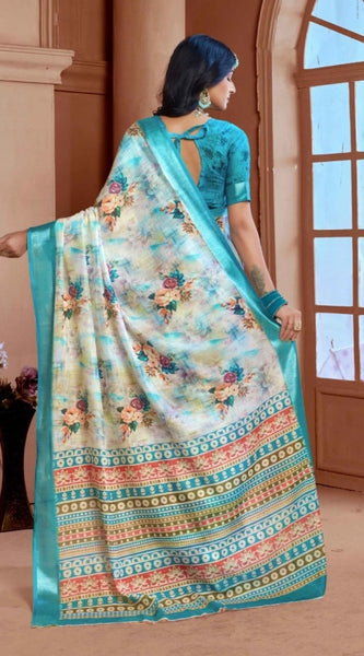 Mayawye Women's Printed Cotton Linen Saree withPrinted  Saree With Unstitched Blouse (Blue, 5-6Mtrs)