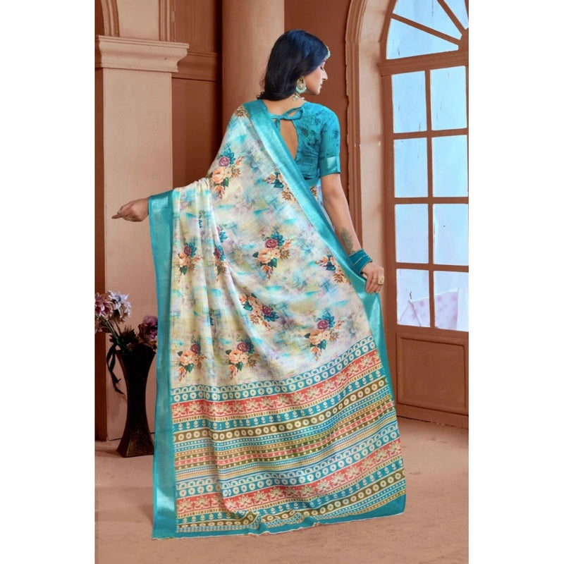 Mayawye Women's Printed Cotton Linen Saree withPrinted  Saree With Unstitched Blouse (Blue, 5-6Mtrs)