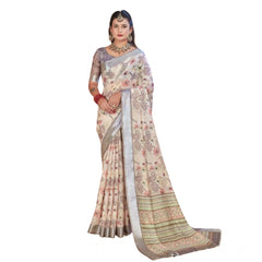 Mayawye Women's Printed Cotton Linen Saree withPrinted  Saree With Unstitched Blouse (Beige, 5-6Mtrs)