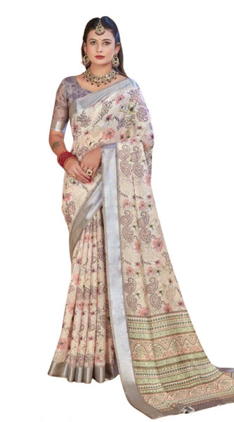 Mayawye Women's Printed Cotton Linen Saree withPrinted  Saree With Unstitched Blouse (Beige, 5-6Mtrs)