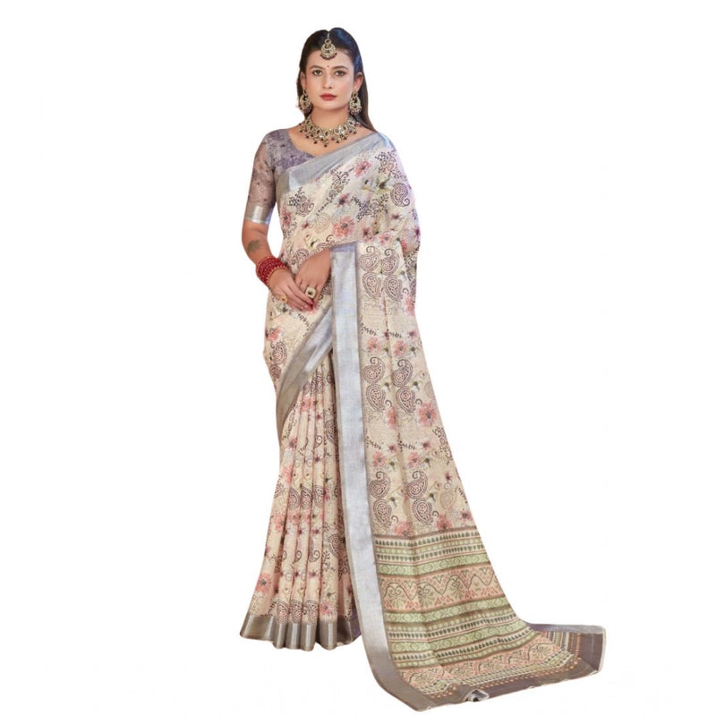 Mayawye Women's Printed Cotton Linen Saree withPrinted  Saree With Unstitched Blouse (Beige, 5-6Mtrs)