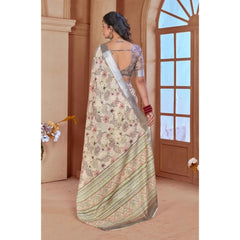 Mayawye Women's Printed Cotton Linen Saree withPrinted  Saree With Unstitched Blouse (Beige, 5-6Mtrs)